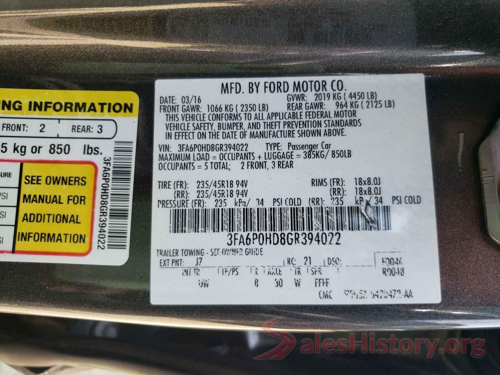 3FA6P0HD8GR394022 2016 FORD FUSION