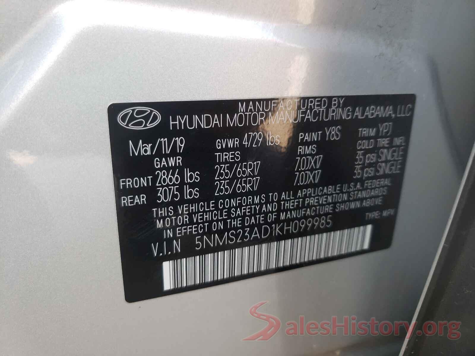 5NMS23AD1KH099985 2019 HYUNDAI SANTA FE