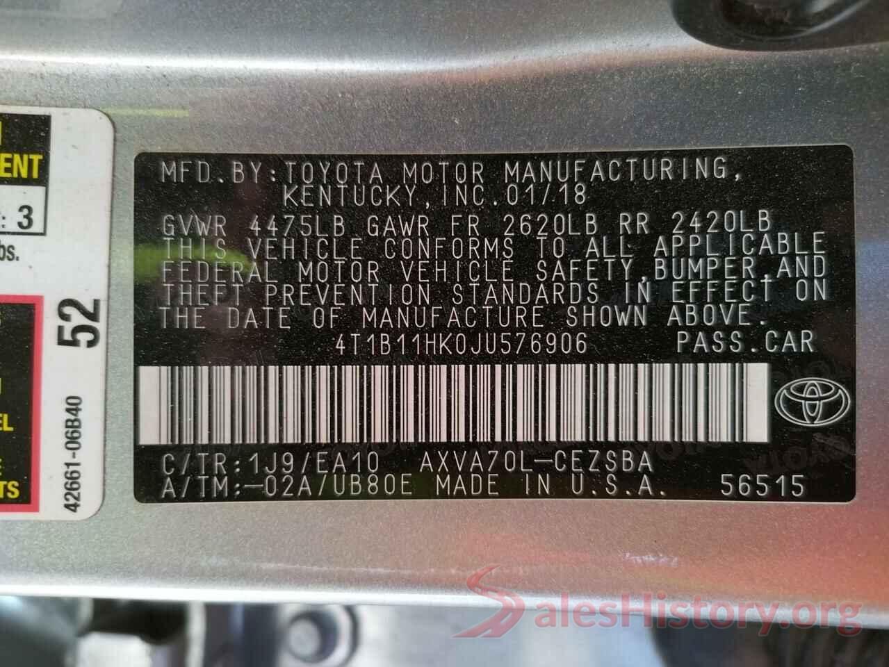 4T1B11HK0JU576906 2018 TOYOTA CAMRY