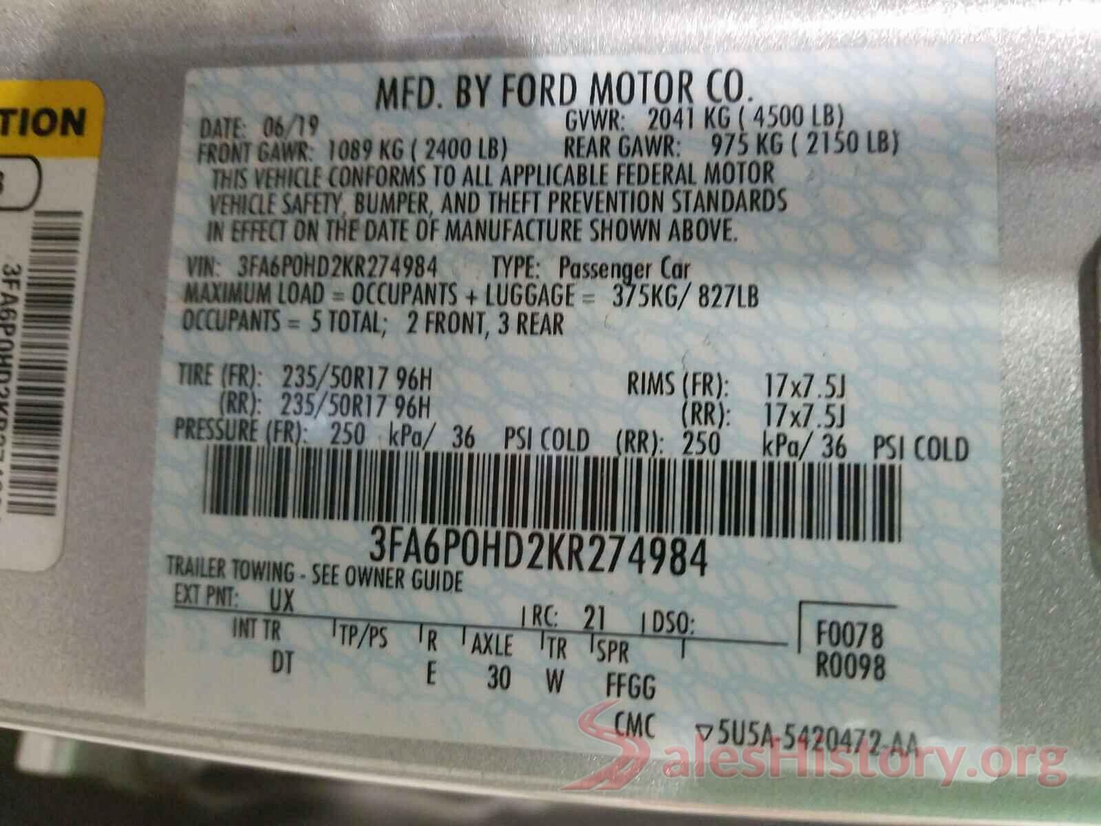 3FA6P0HD2KR274984 2019 FORD FUSION