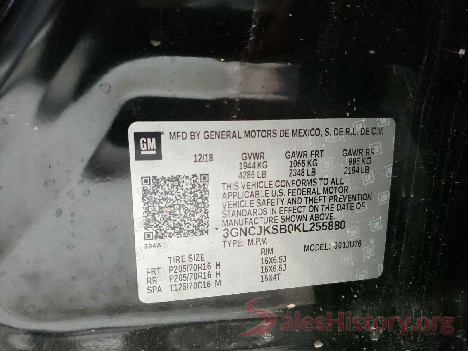 3GNCJKSB0KL255880 2019 CHEVROLET TRAX