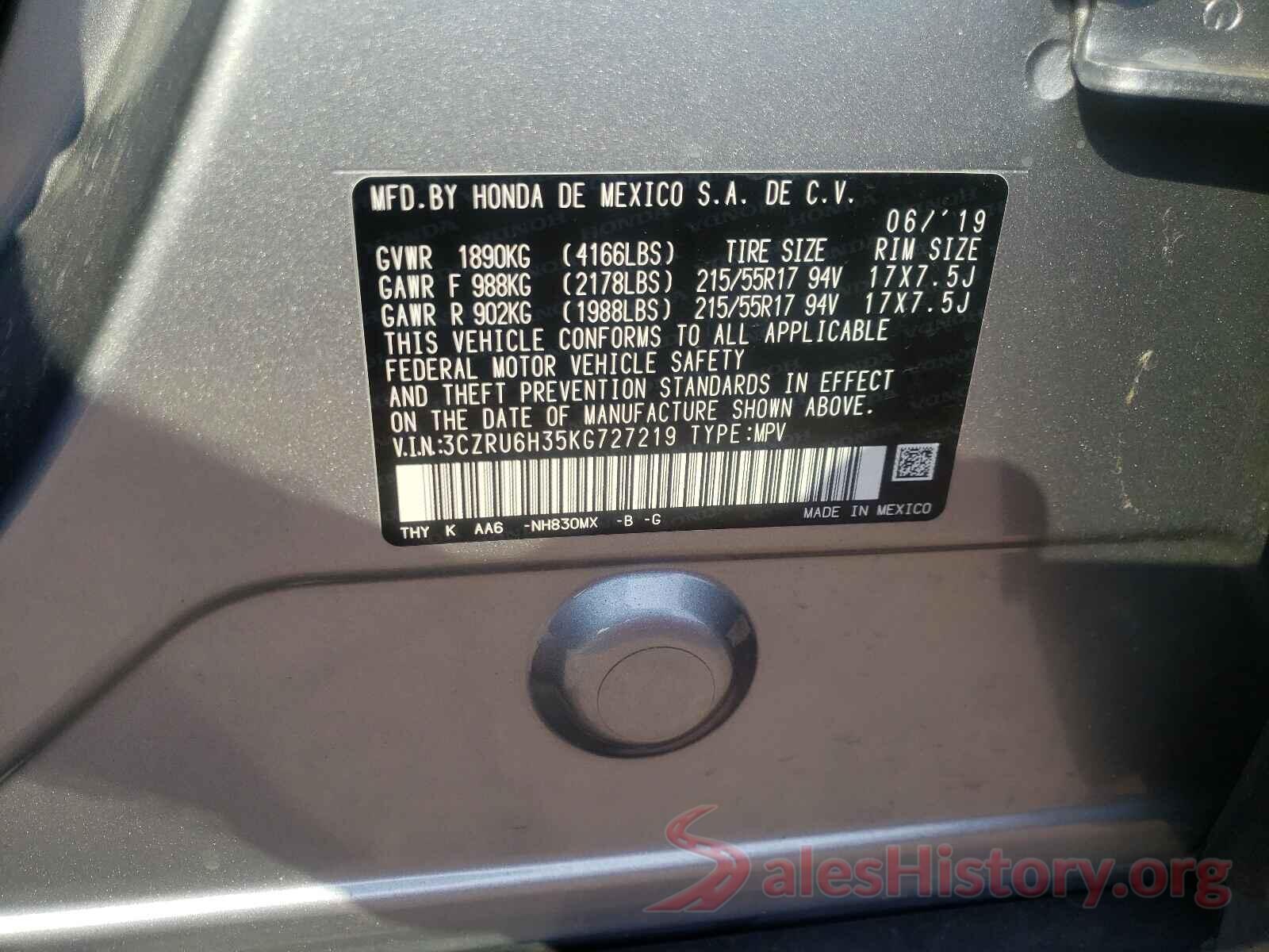 3CZRU6H35KG727219 2019 HONDA HR-V