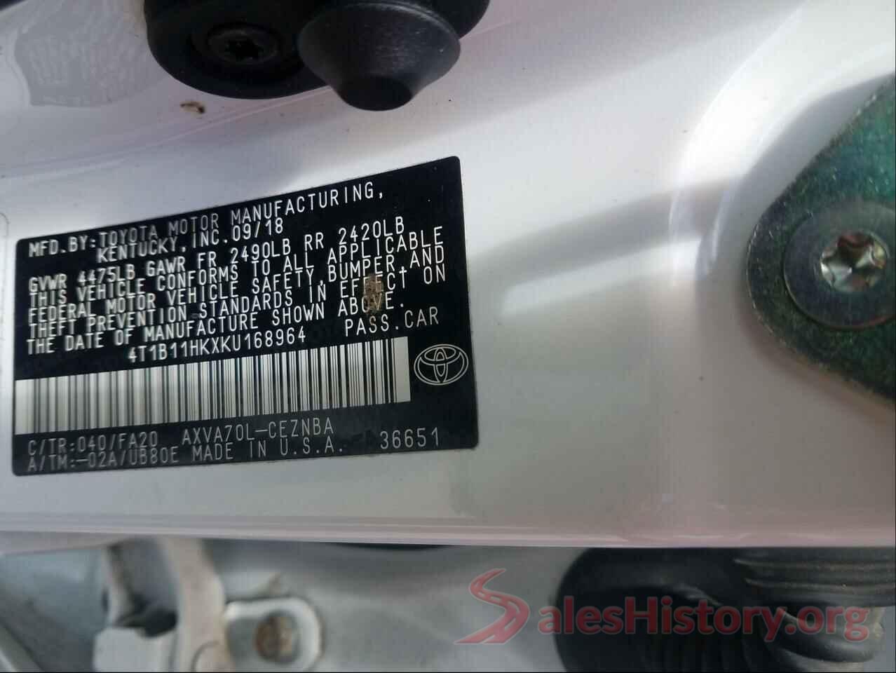 4T1B11HKXKU168964 2019 TOYOTA CAMRY