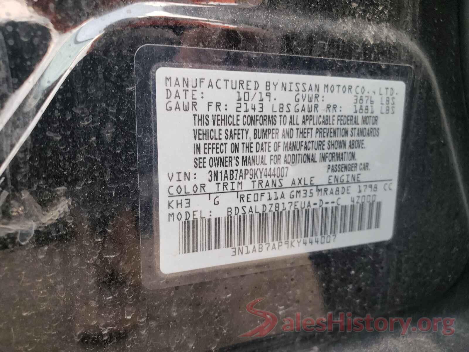 3N1AB7AP9KY444007 2019 NISSAN SENTRA