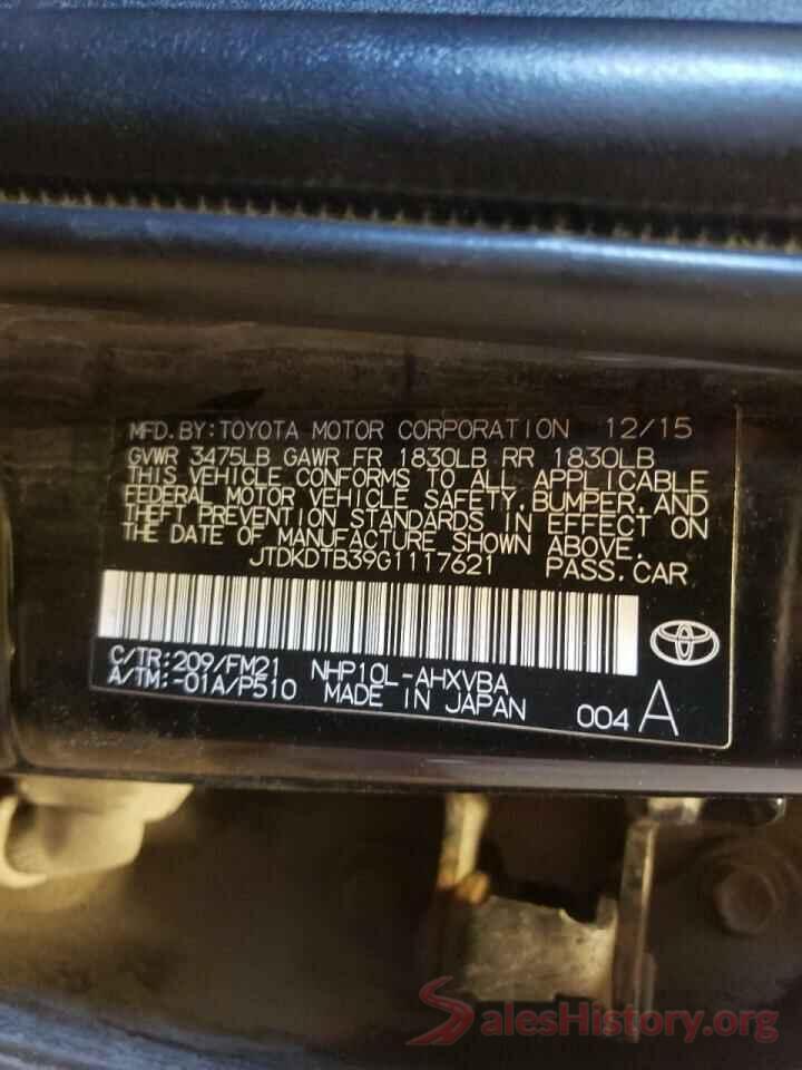 JTDKDTB39G1117621 2016 TOYOTA PRIUS