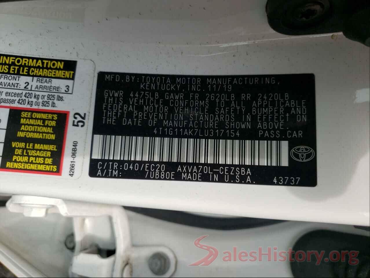 4T1G11AK7LU317154 2020 TOYOTA CAMRY