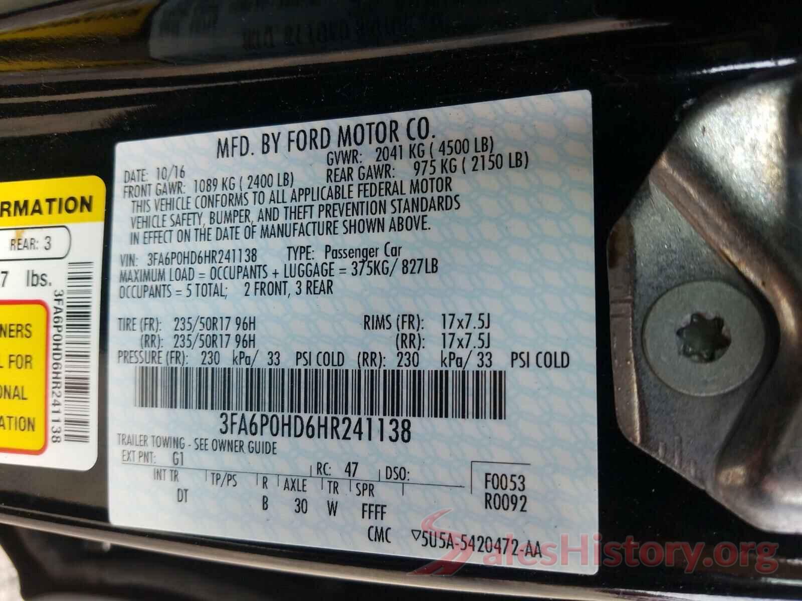 3FA6P0HD6HR241138 2017 FORD FUSION