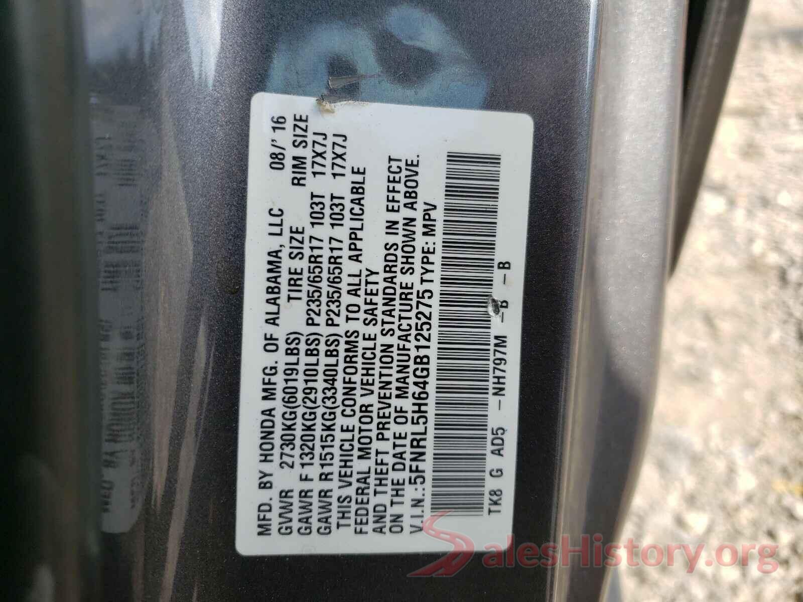 5FNRL5H64GB125275 2016 HONDA ODYSSEY