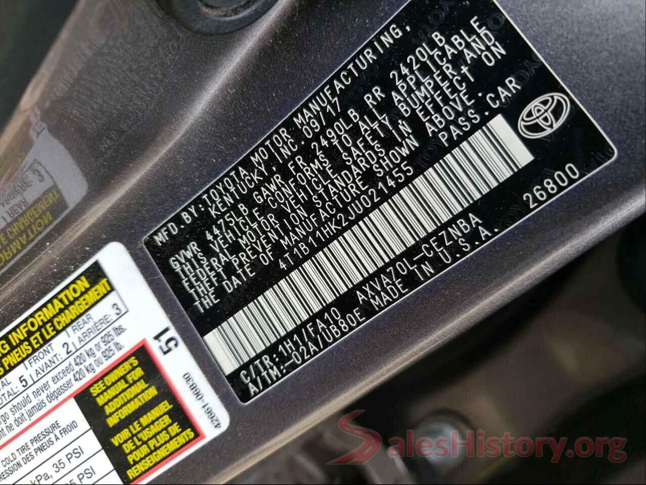 4T1B11HK2JU021455 2018 TOYOTA CAMRY