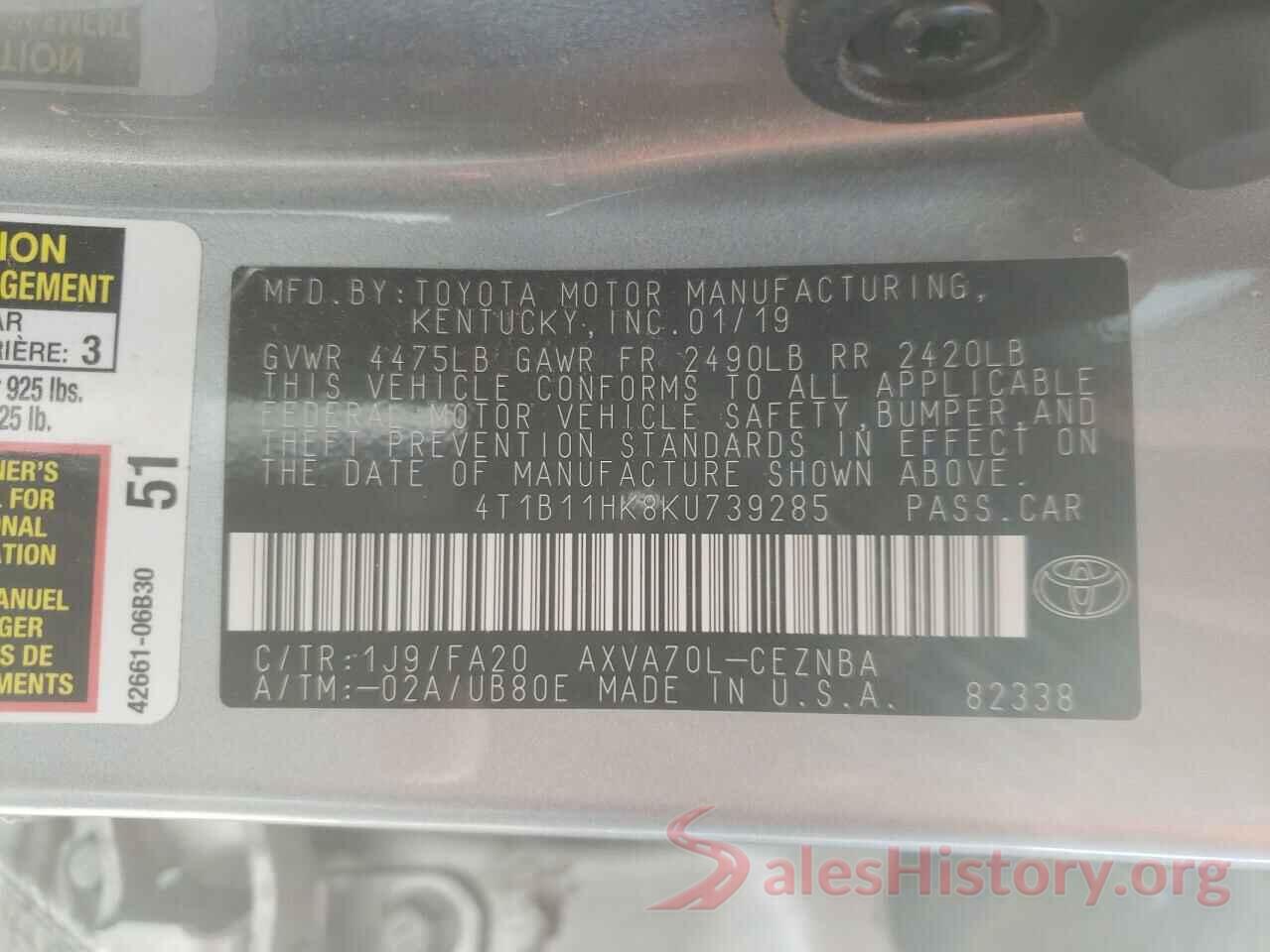 4T1B11HK8KU739285 2019 TOYOTA CAMRY