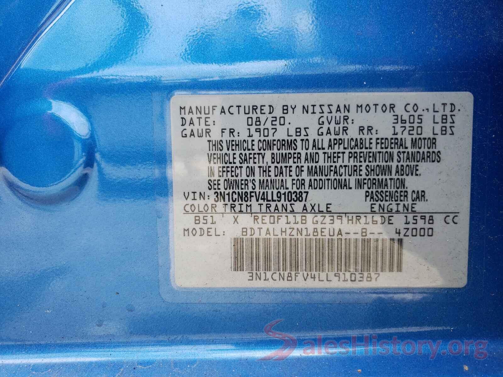 3N1CN8FV4LL910387 2020 NISSAN VERSA