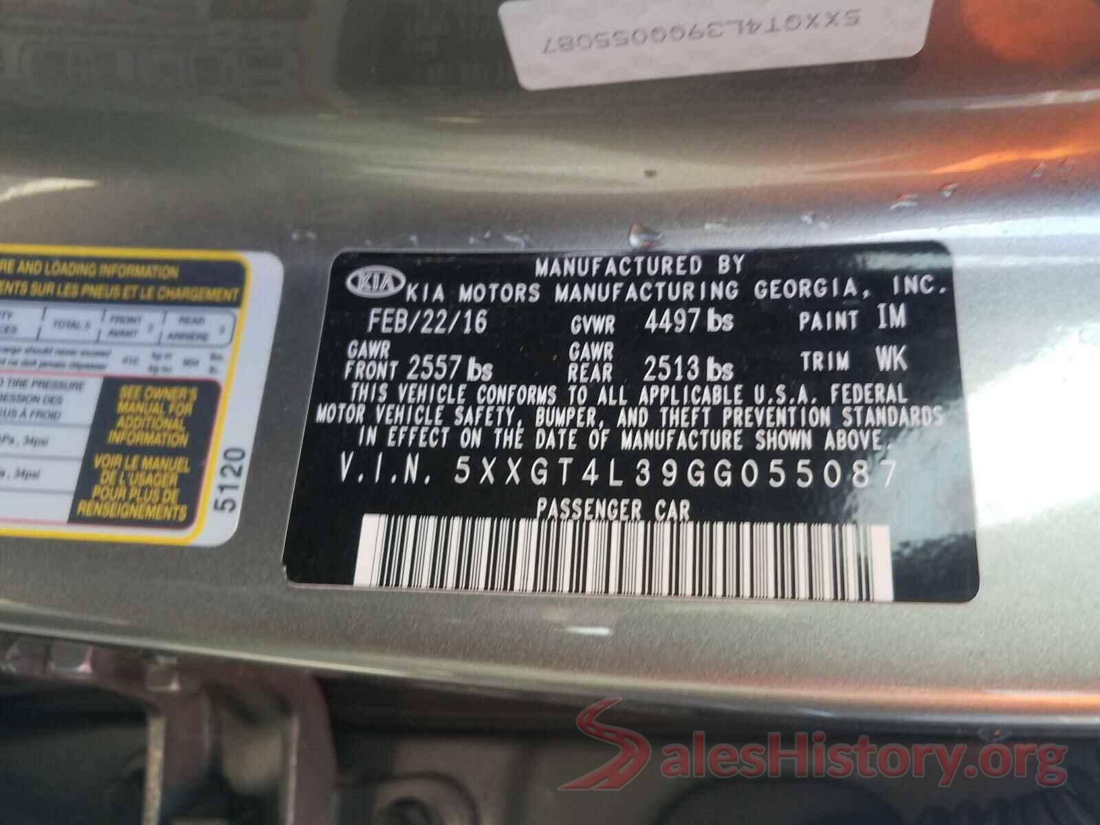 5XXGT4L39GG055087 2016 KIA OPTIMA