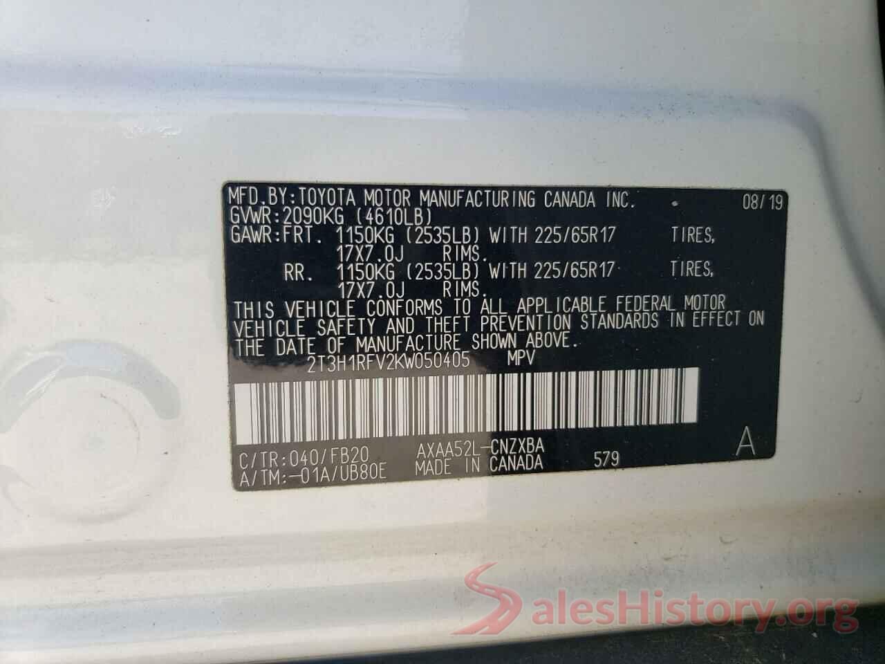 2T3H1RFV2KW050405 2019 TOYOTA RAV4