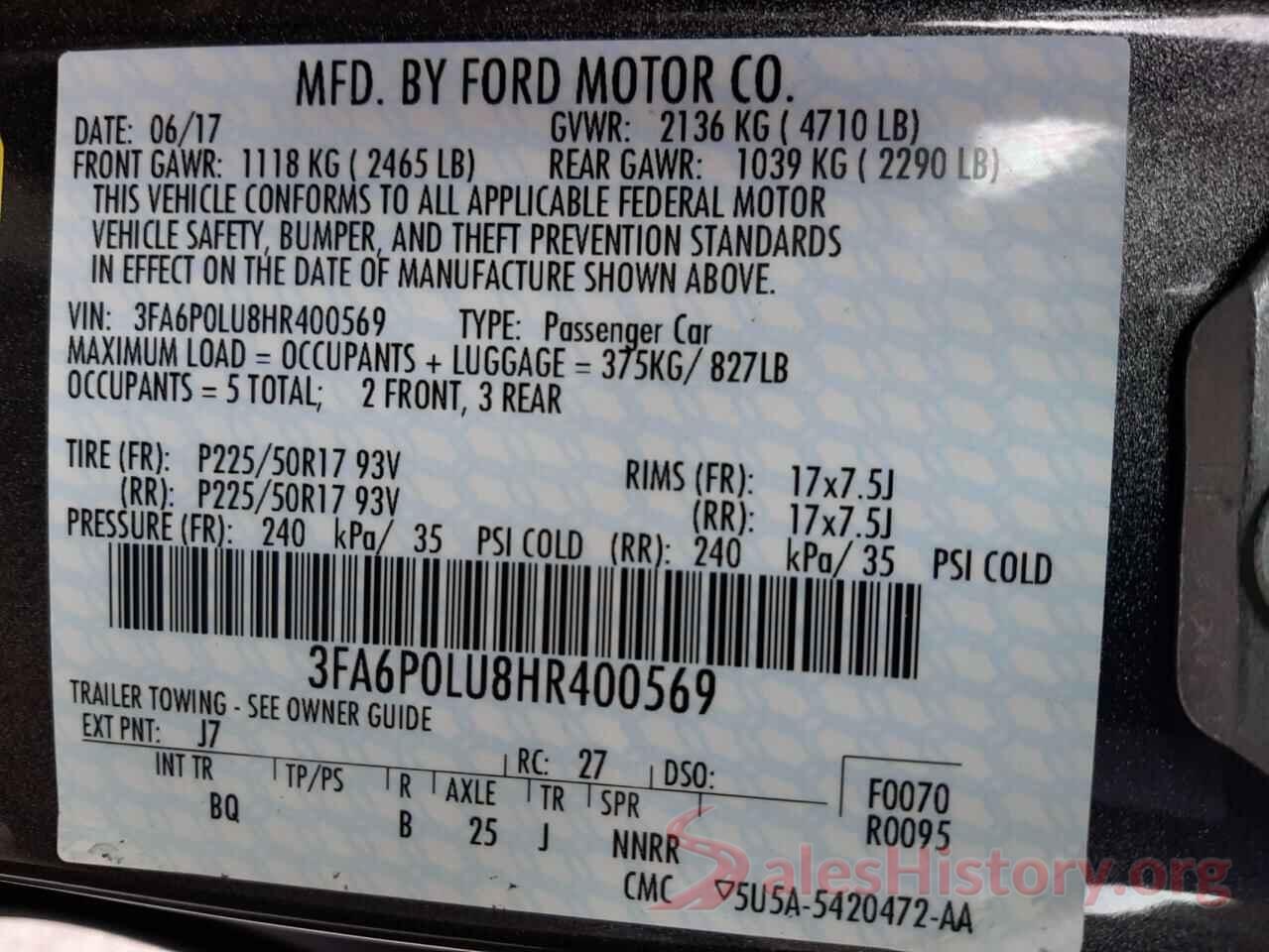 3FA6P0LU8HR400569 2017 FORD FUSION