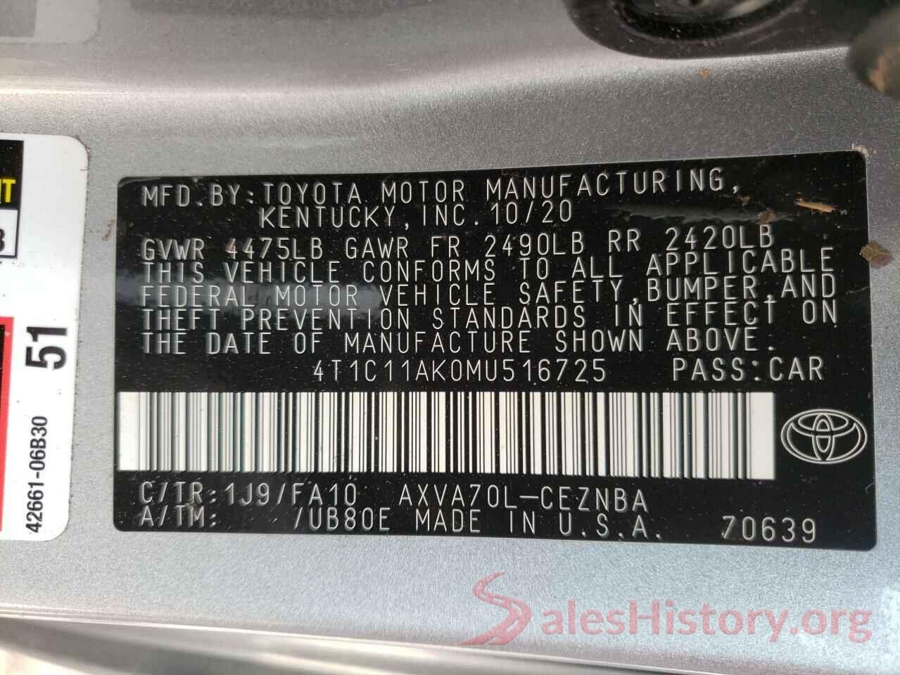 4T1C11AK0MU516725 2021 TOYOTA CAMRY