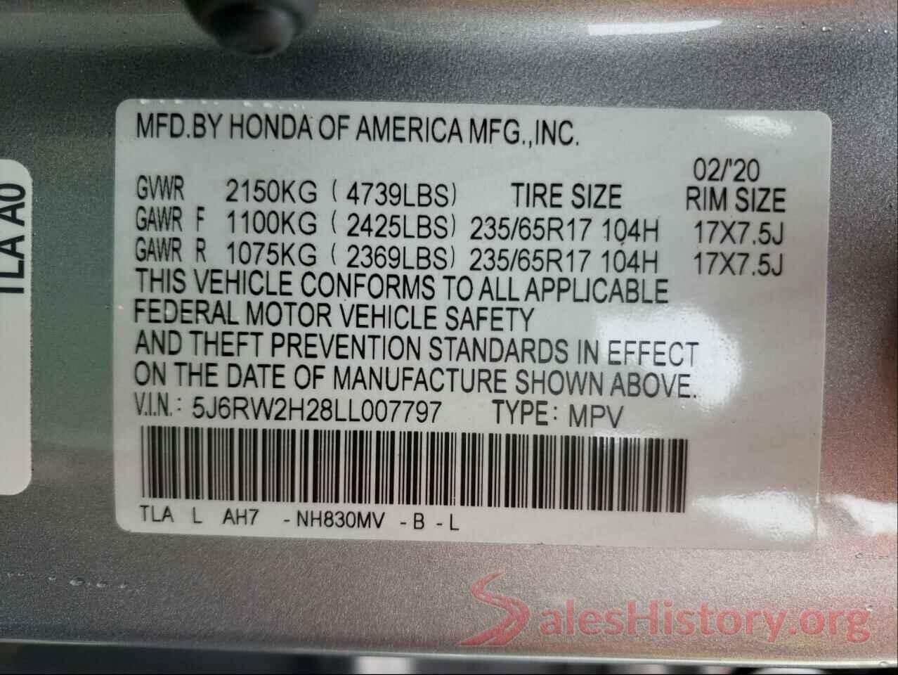 5J6RW2H28LL007797 2020 HONDA CRV