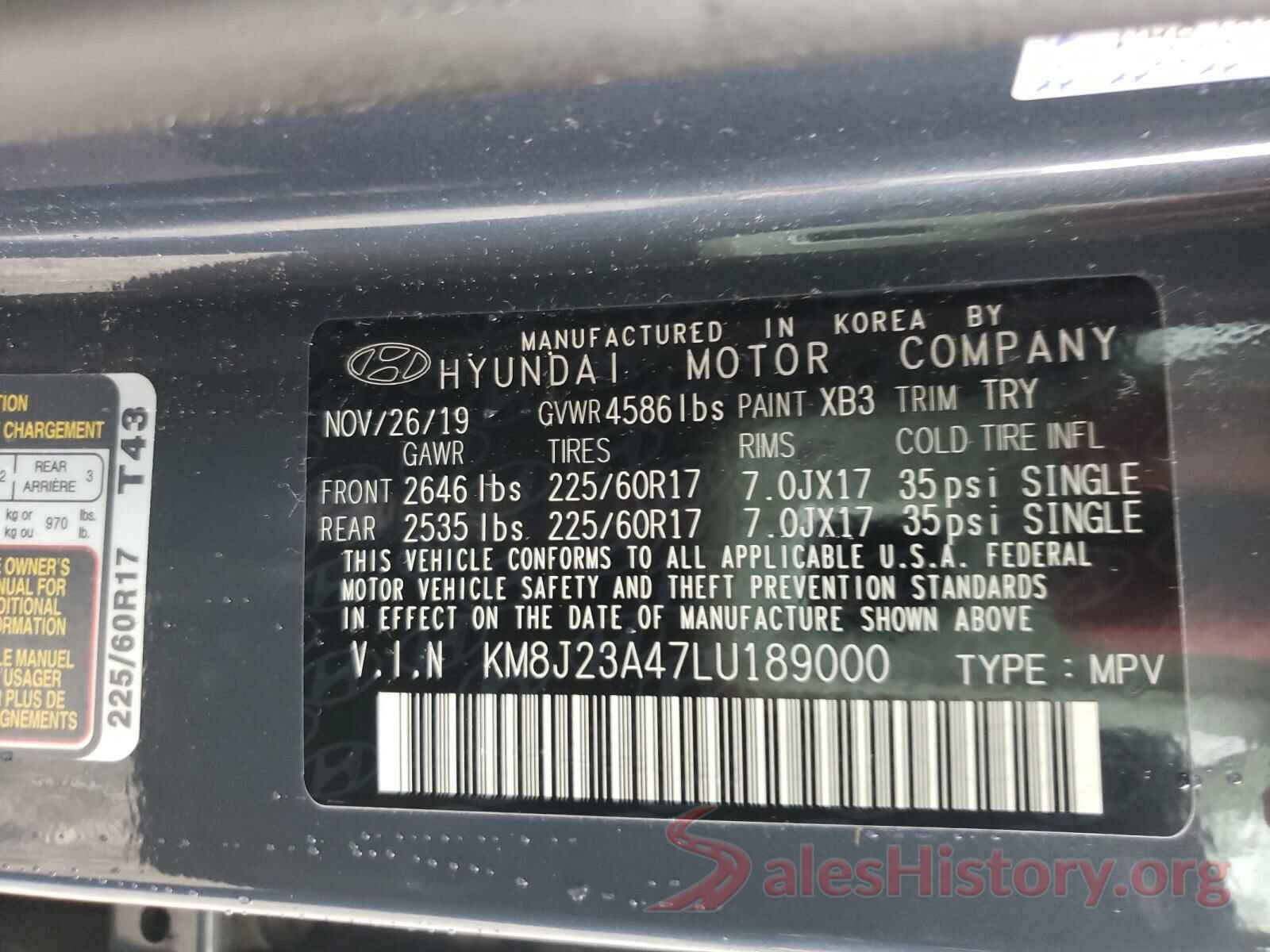 KM8J23A47LU189000 2020 HYUNDAI TUCSON