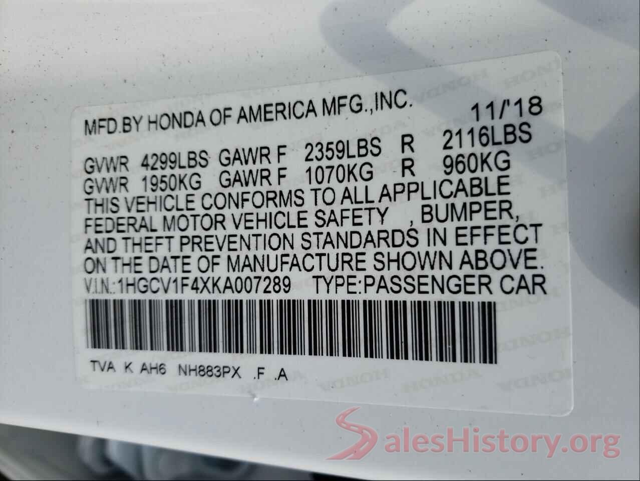 1HGCV1F4XKA007289 2019 HONDA ACCORD