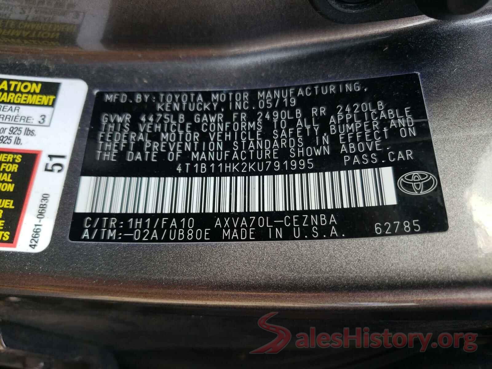 4T1B11HK2KU791995 2019 TOYOTA CAMRY