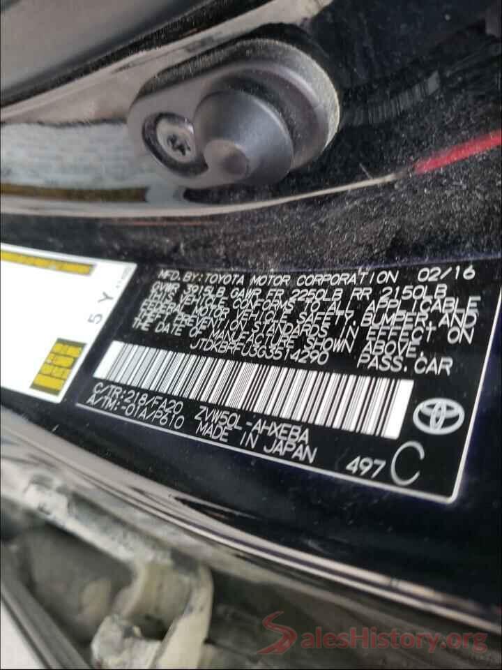 JTDKBRFU3G3514290 2016 TOYOTA PRIUS