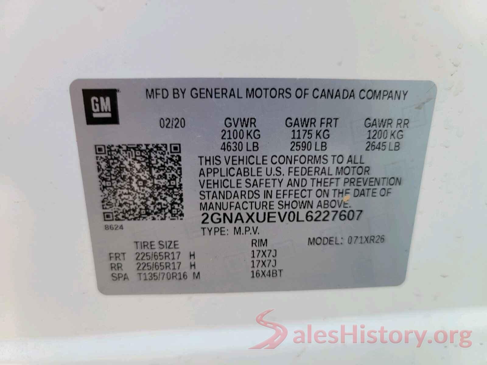 2GNAXUEV0L6227607 2020 CHEVROLET EQUINOX