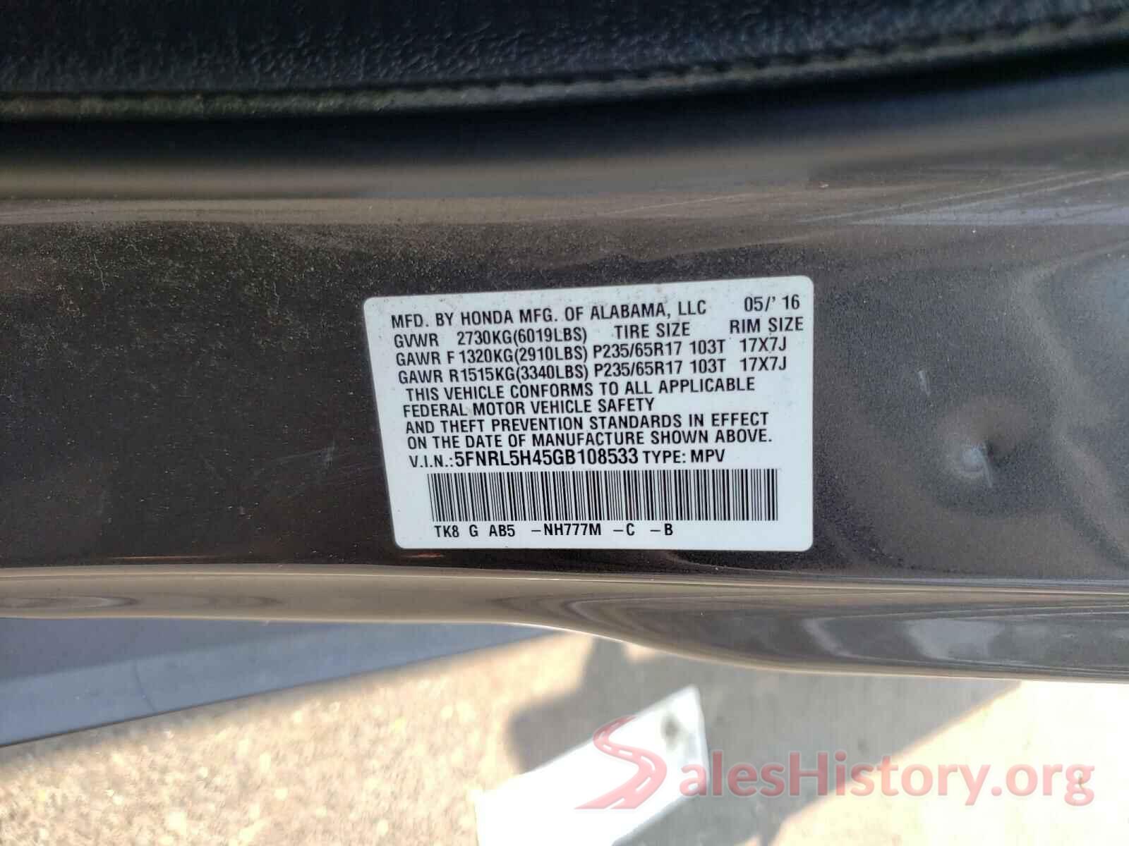 5FNRL5H45GB108533 2016 HONDA ODYSSEY