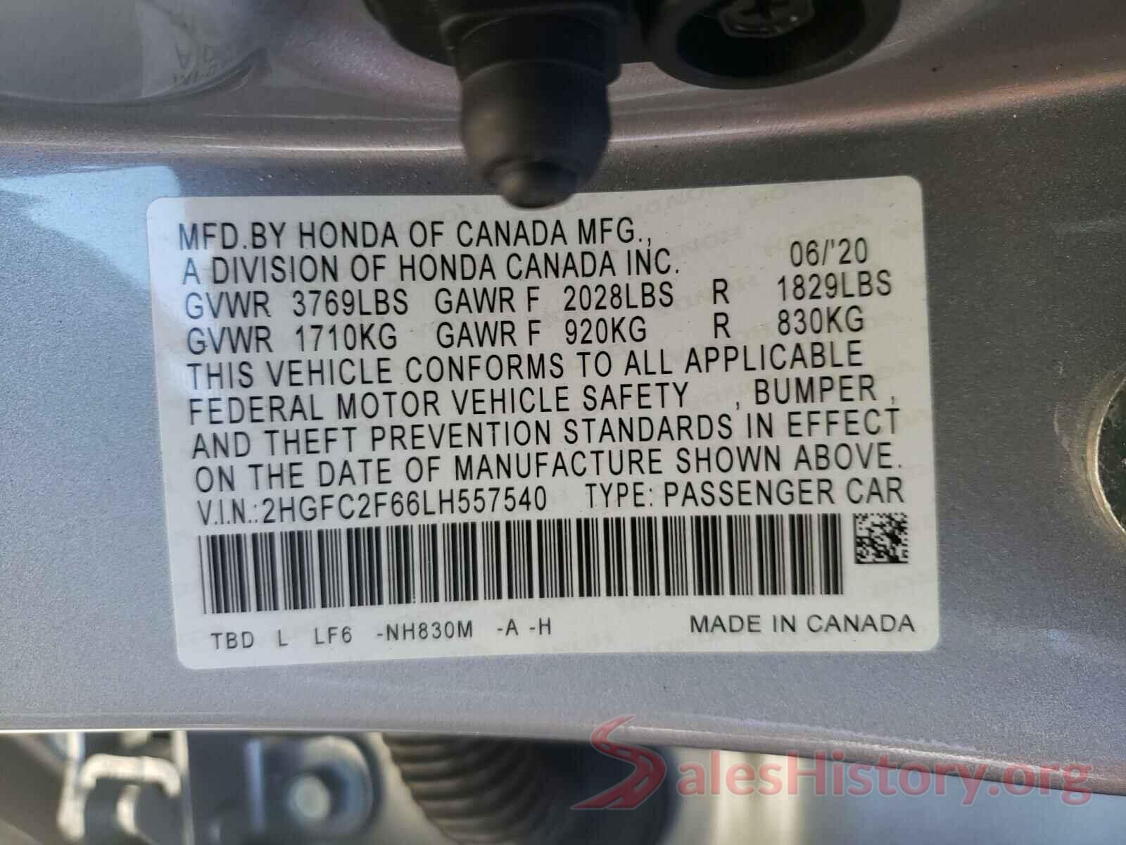 2HGFC2F66LH557540 2020 HONDA CIVIC