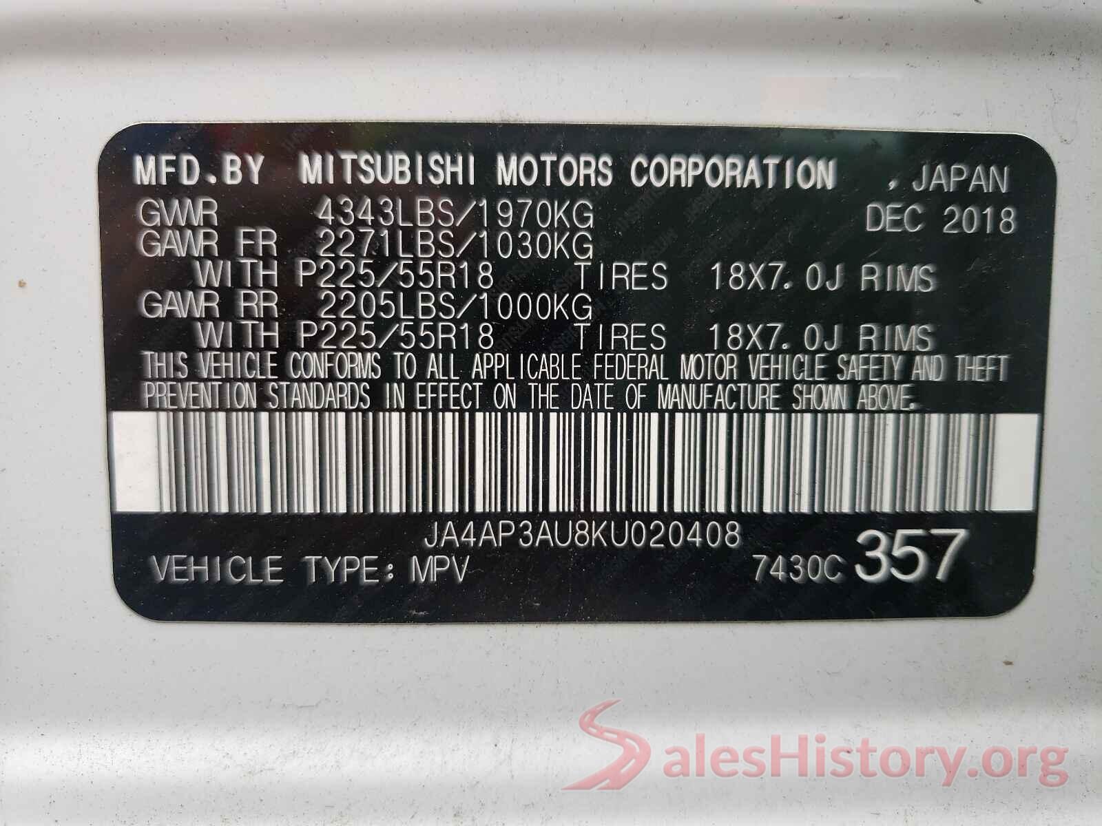 JA4AP3AU8KU020408 2019 MITSUBISHI OUTLANDER