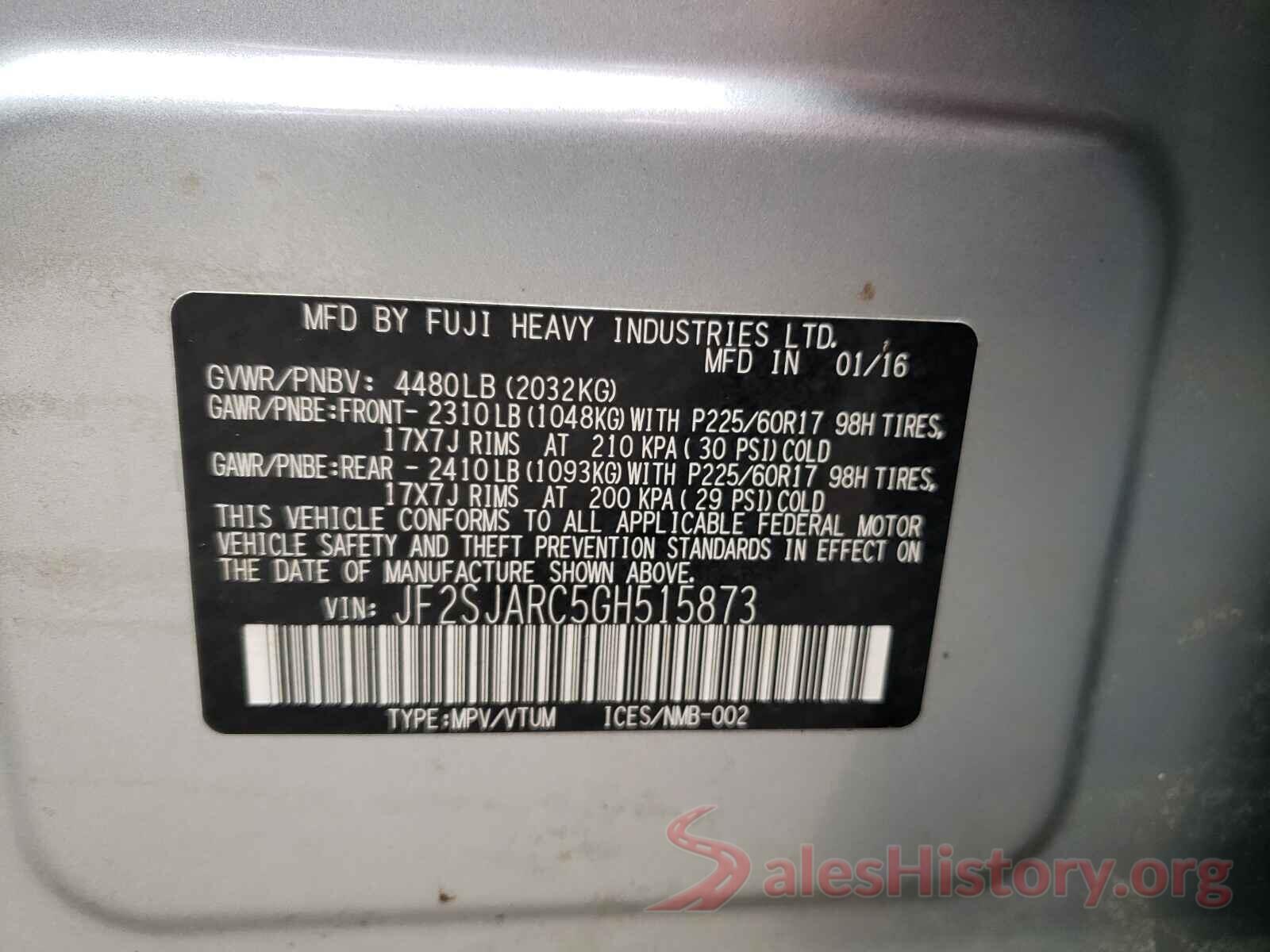 JF2SJARC5GH515873 2016 SUBARU FORESTER