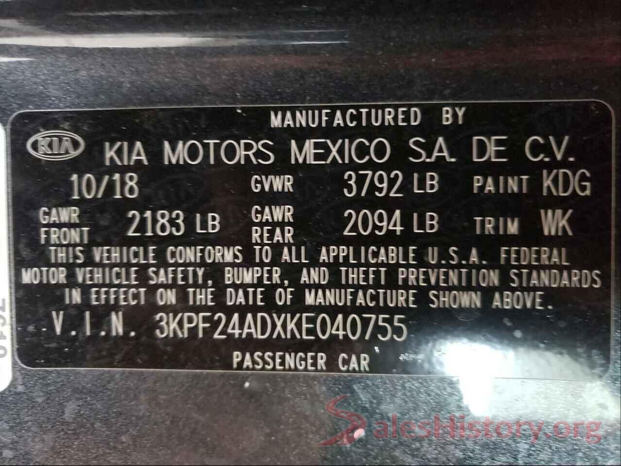 3KPF24ADXKE040755 2019 KIA FORTE