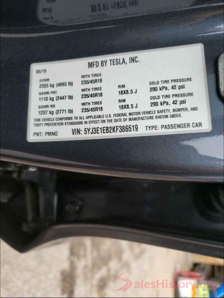 5YJ3E1EB2KF386519 2019 TESLA MODEL 3