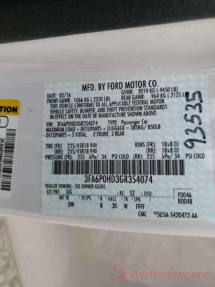 3FA6P0HD3GR354074 2016 FORD FUSION