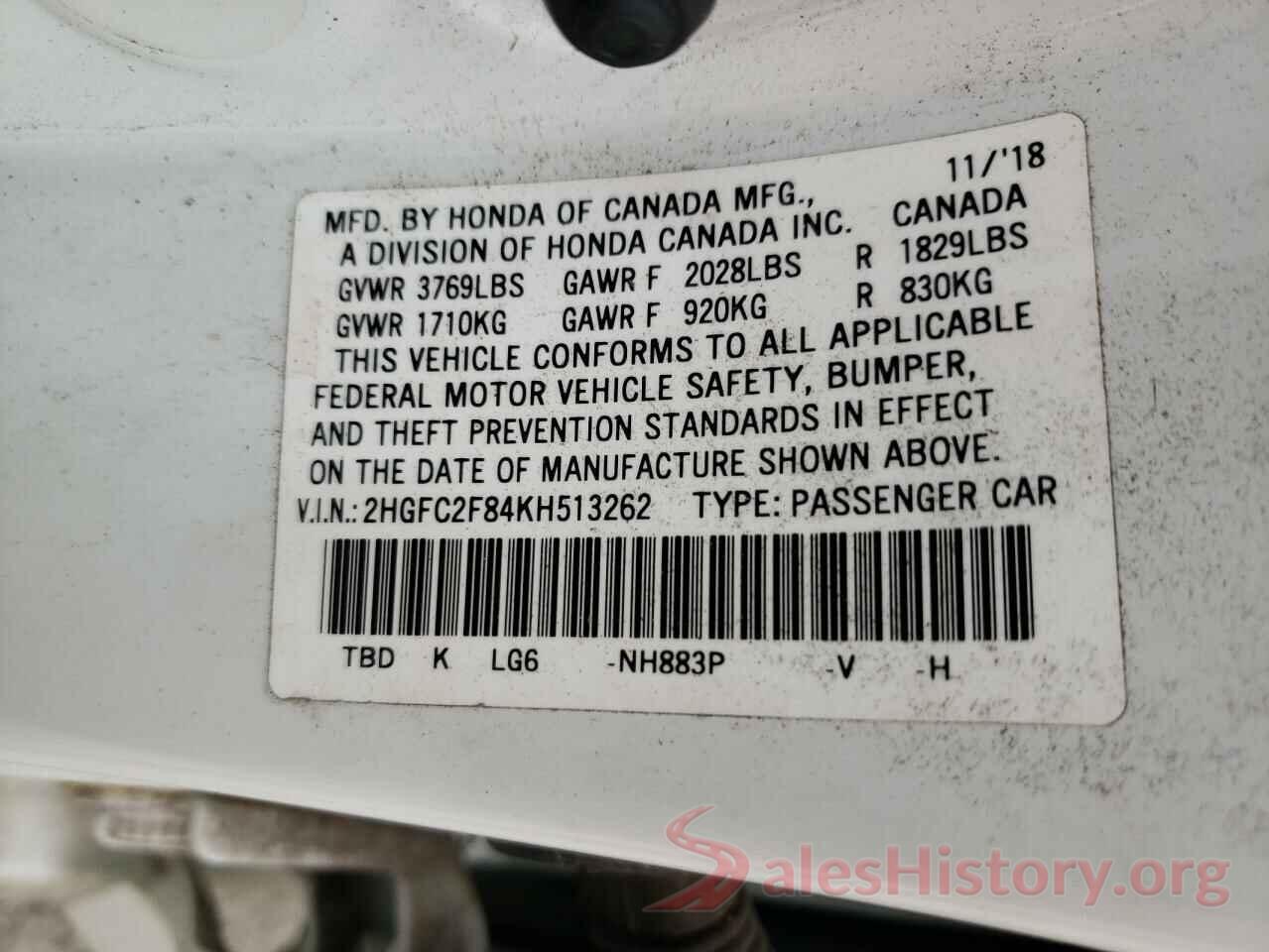 2HGFC2F84KH513262 2019 HONDA CIVIC