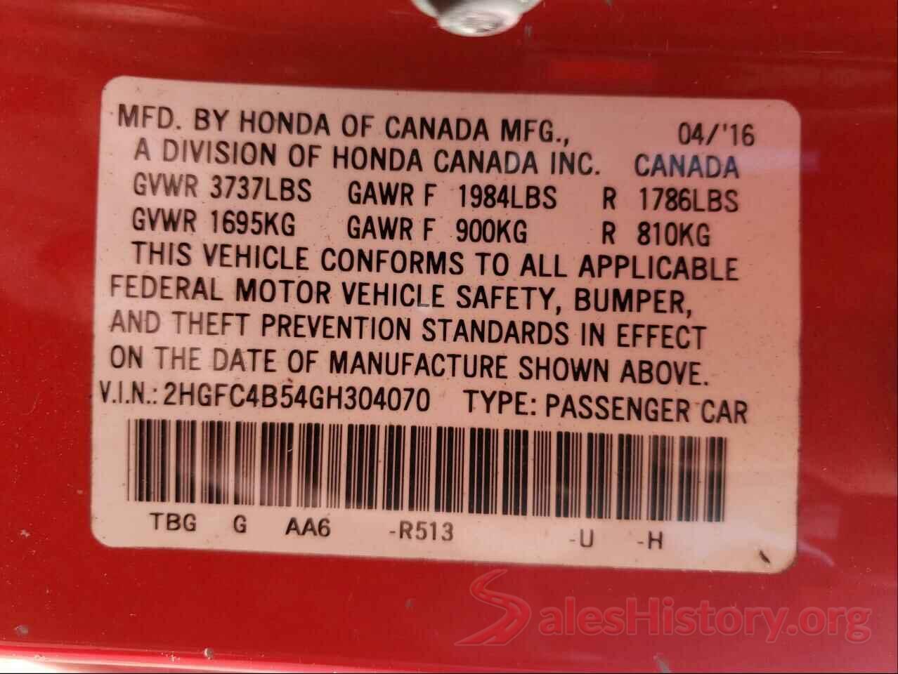 2HGFC4B54GH304070 2016 HONDA CIVIC