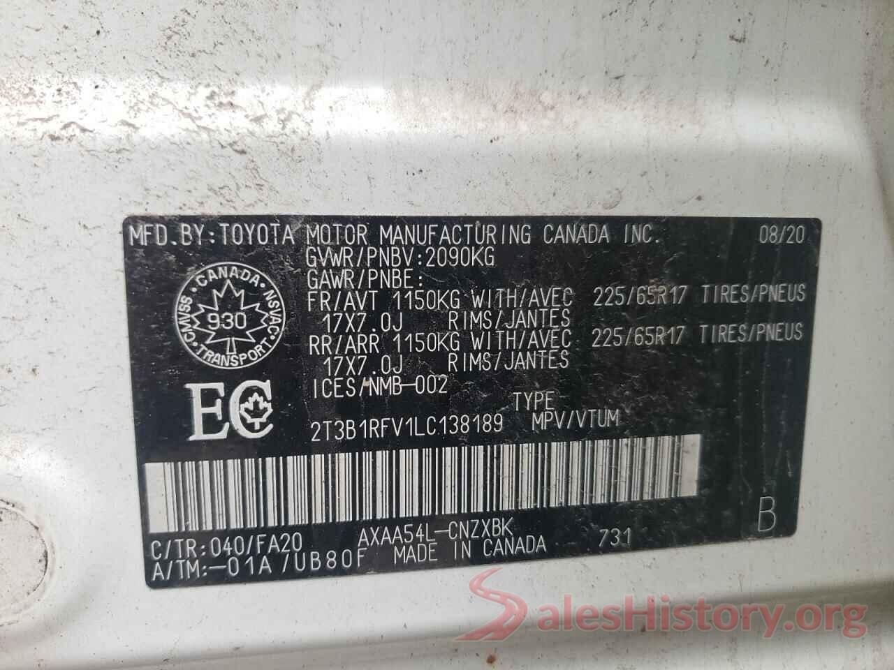 2T3B1RFV1LC138189 2020 TOYOTA RAV4