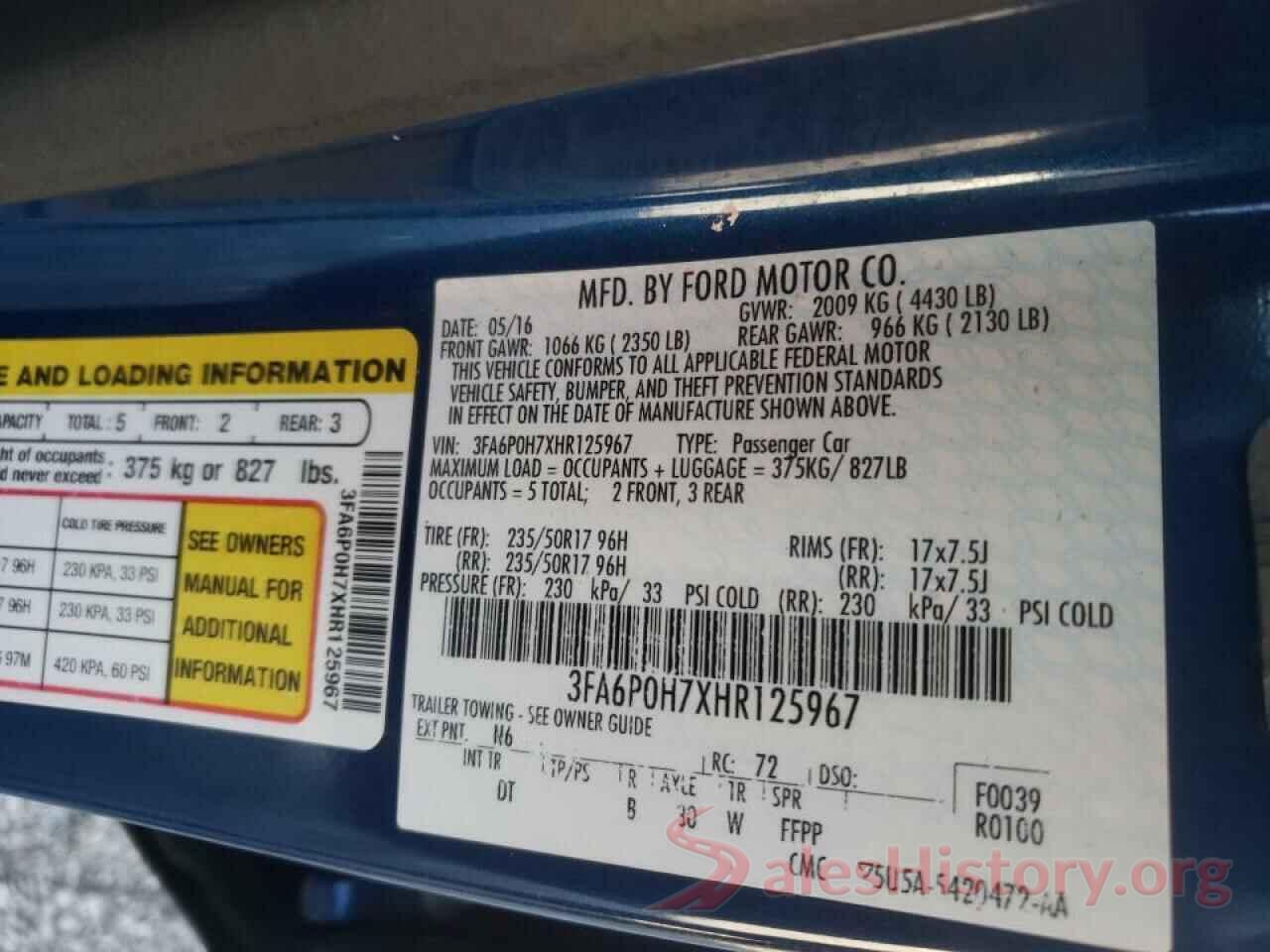 3FA6P0H7XHR125967 2017 FORD FUSION