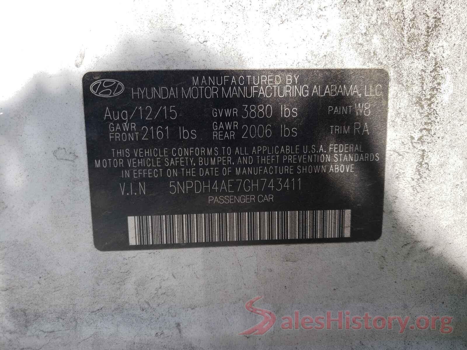 5NPDH4AE7GH743411 2016 HYUNDAI ELANTRA