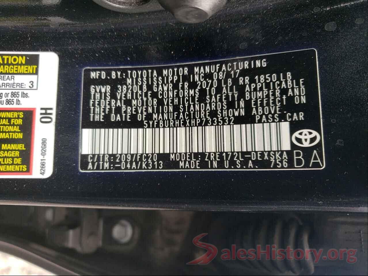 5YFBURHEXHP733532 2017 TOYOTA COROLLA