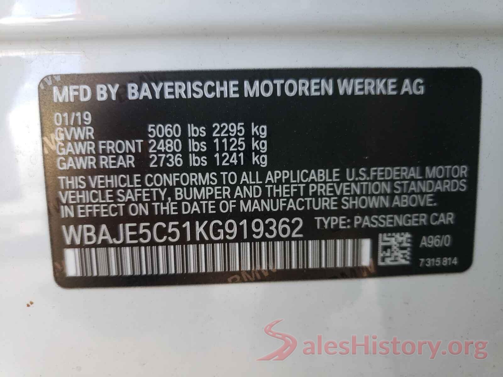 WBAJE5C51KG919362 2019 BMW 5 SERIES