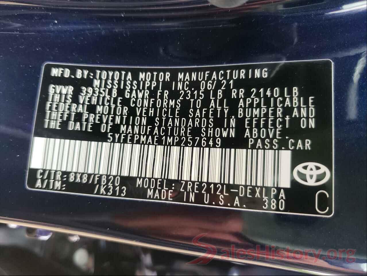 5YFEPMAE1MP257649 2021 TOYOTA COROLLA