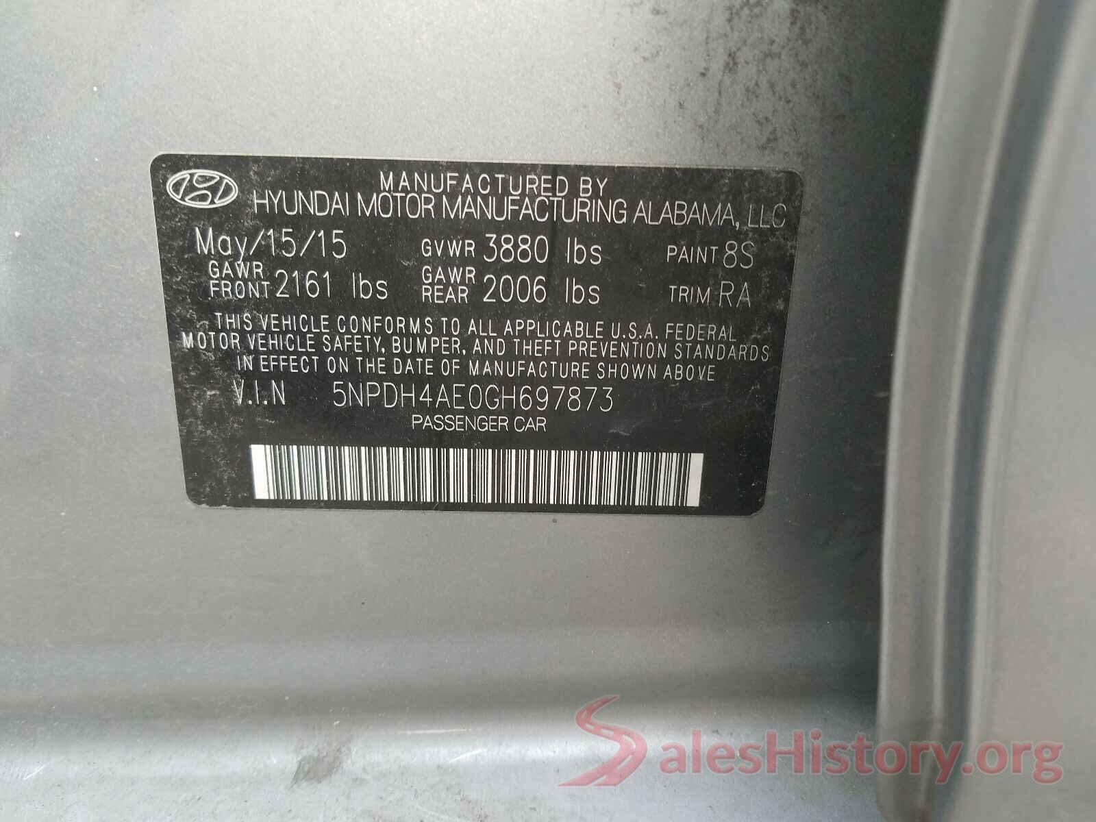 5NPDH4AE0GH697873 2016 HYUNDAI ELANTRA