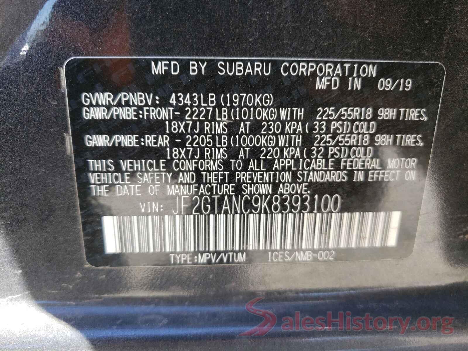 JF2GTANC9K8393100 2019 SUBARU CROSSTREK