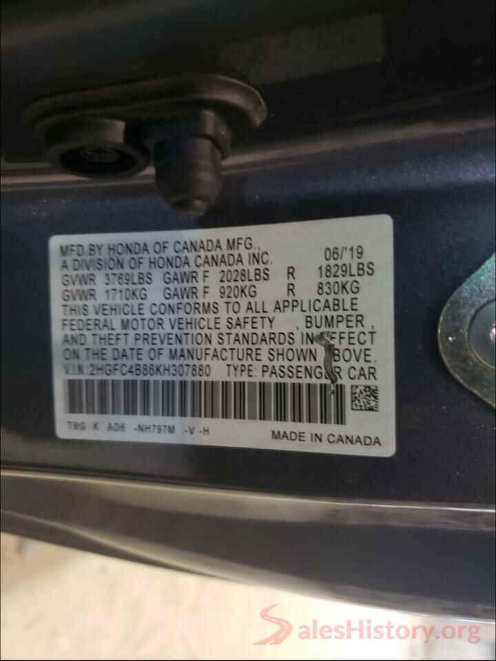 2HGFC4B86KH307880 2019 HONDA CIVIC