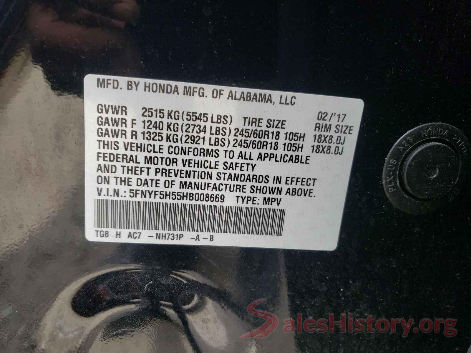 5FNYF5H55HB008669 2017 HONDA PILOT