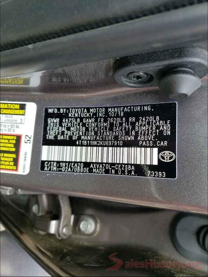 4T1B11HK2KU697910 2019 TOYOTA CAMRY