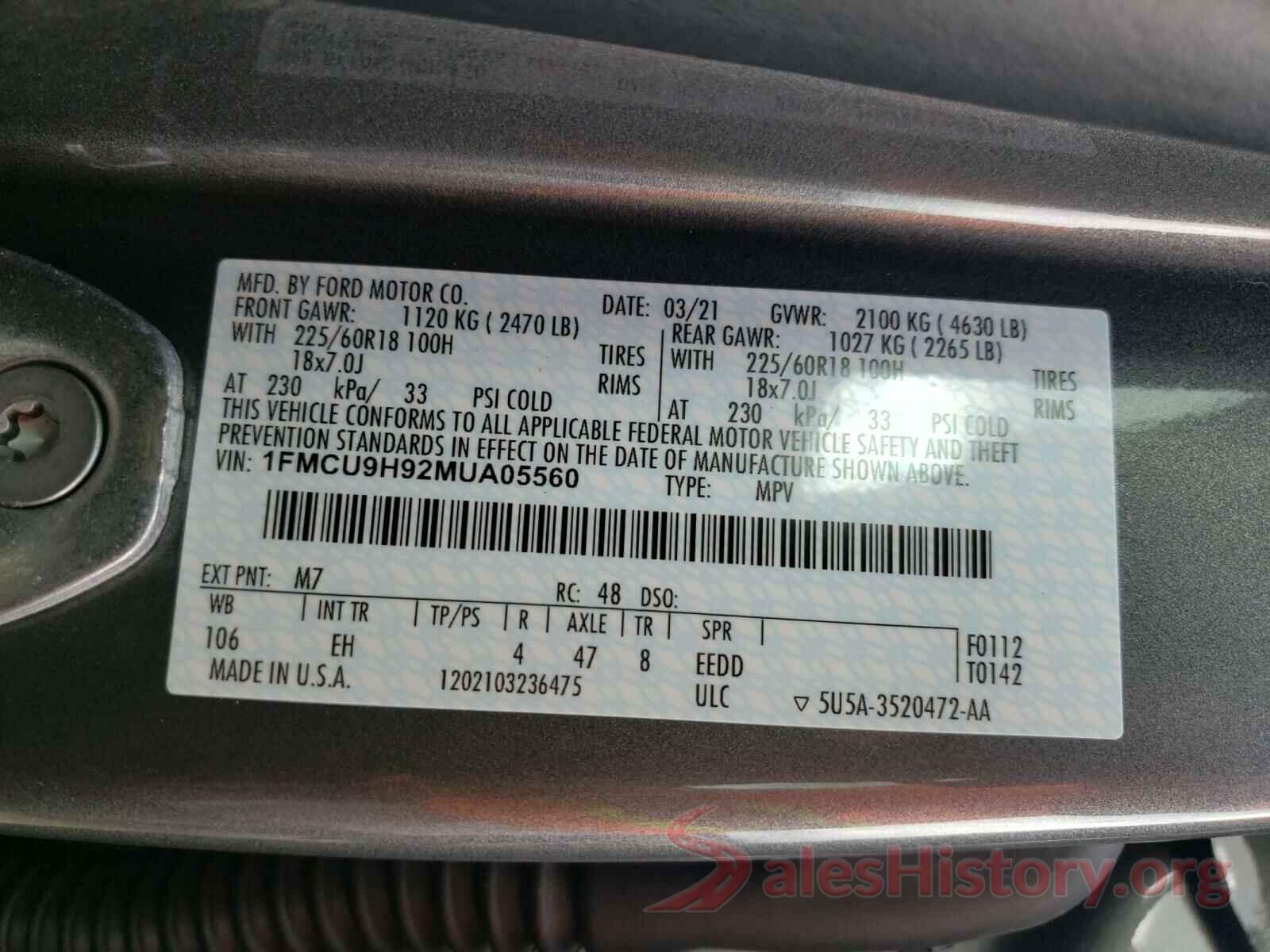 1FMCU9H92MUA05560 2021 FORD ESCAPE