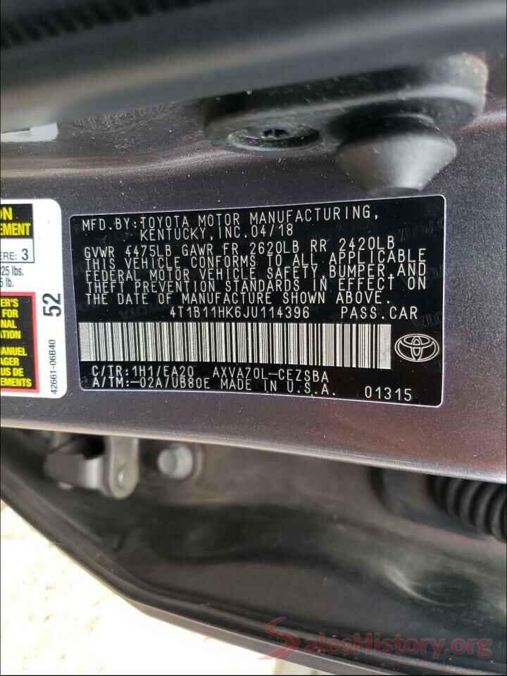 4T1B11HK6JU114396 2018 TOYOTA CAMRY