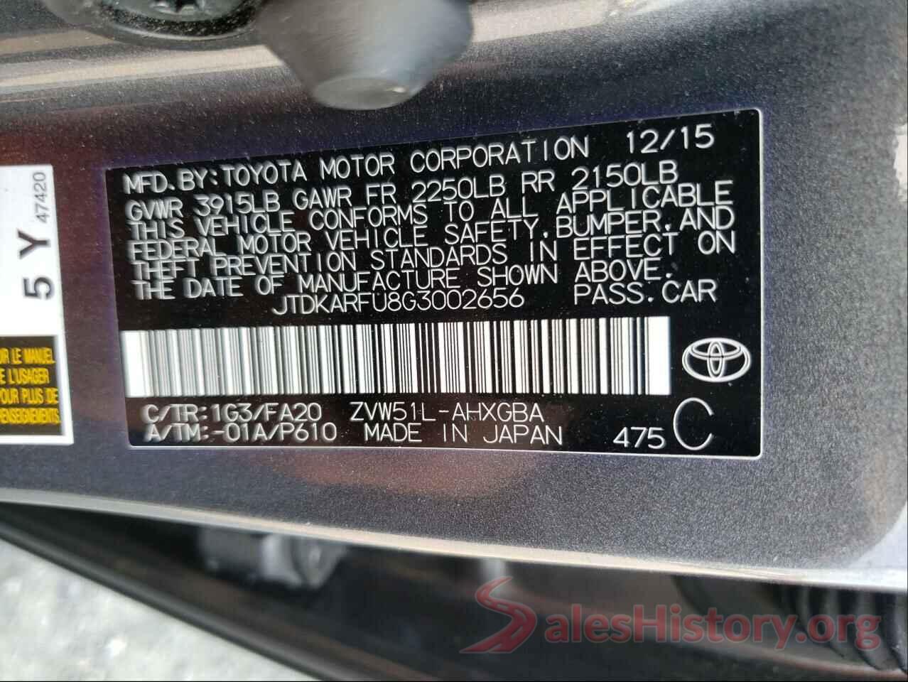 JTDKARFU8G3002656 2016 TOYOTA PRIUS