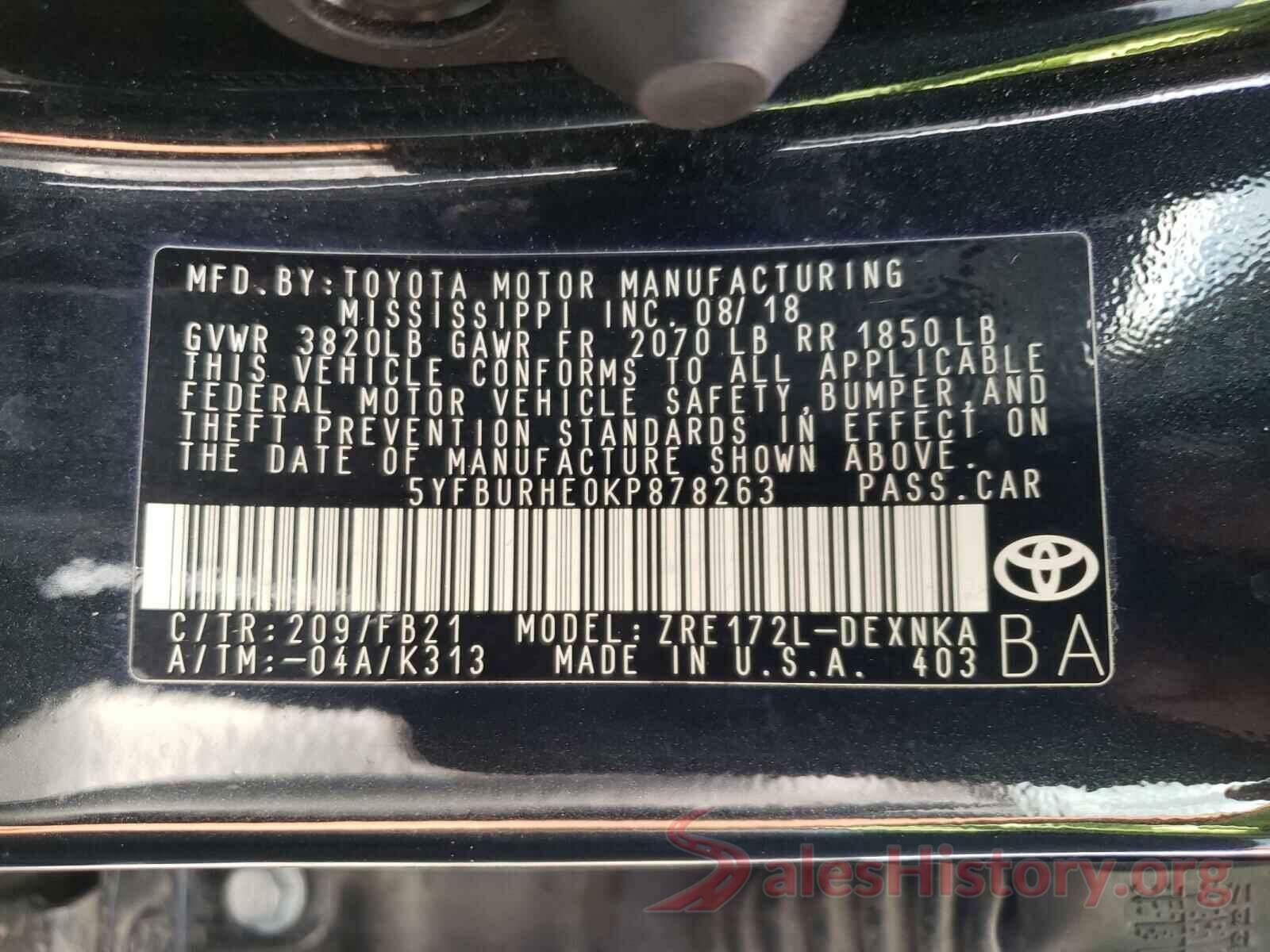 5YFBURHE0KP878263 2019 TOYOTA COROLLA