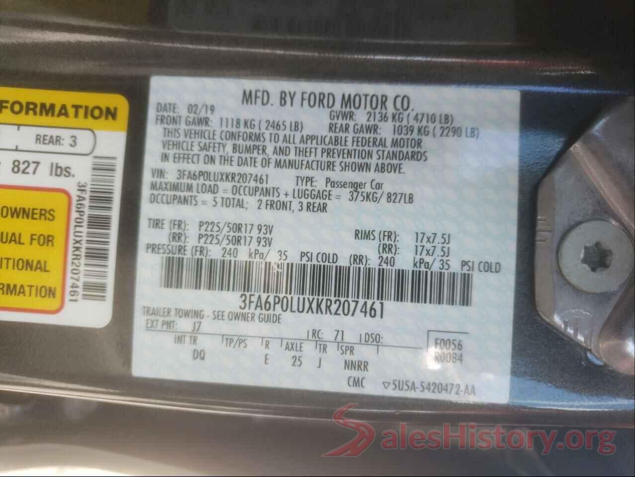 3FA6P0LUXKR207461 2019 FORD FUSION